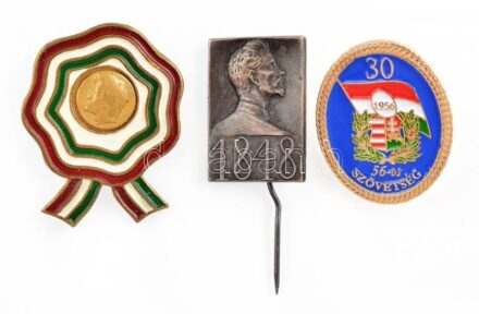 ~1975. 'Petőfi 1848' ezüstpatinázott Br jelvény + 'Petőfi' kokárda alakú zománcfestett Br jelvény (35x28mm) + '56-os Szövetség - 30' zománcfestett, aranyozott fém jelvény (30x24mm) T:2,1-