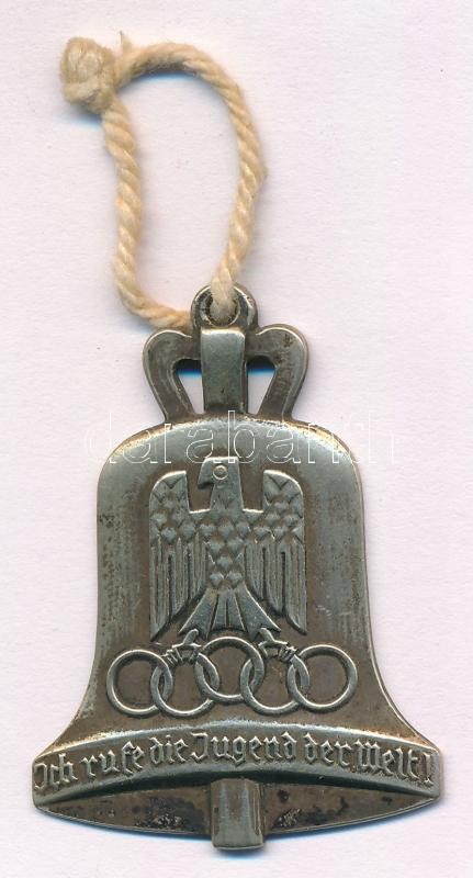 Német Harmadik Birodalom 1936. 'XI. Olympiade Berlin 1936 / ICH RUFE DIE JUGEND DER WELT!' harang alakú, jelzett alpakka (Cu-Ni-Zn) olimpiai emlékérem (42x31mm) T:1-,2 German Third Reich 1936. 'XI. Olympiade Berlin 1936 / ICH RUFE DIE JUGEND