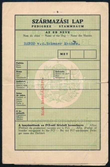 1911 Ranco v.d. Eckener Machow nevű eb származási lapja, amely 4. generációig van vezetve