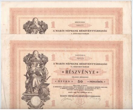 Makó 1929. 'Makói Népbank Részvénytársaság' részvénye 50P-ről (2x), sorszámkövetők '000176 - 000177', szelvényekkel T:III