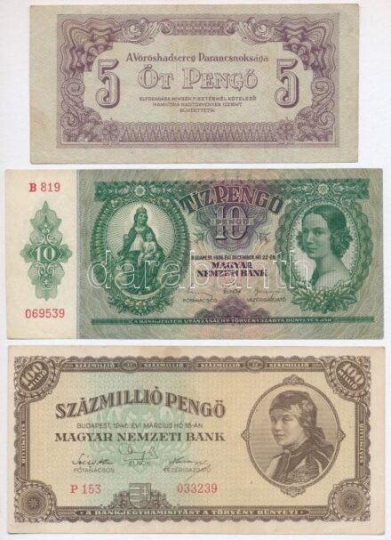 1930. 100P + 1936. 10P + 1944. 5P 'A Vöröshadsereg Parancsnoksága' + 10P 'A Vöröshadsereg Parancsnoksága' + 1945. 10.000P + 1946. 100.000.000P T:III