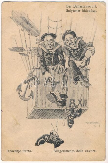 1918 Der Ballastauswurf. K.u.K. Kriegsmarine Matrosen / Súlyteher kidobása / Izbacanje tereta / WWI Austro-Hungarian Navy mariner humour. C.F.P. 1917/18. Nr. 46a. s: Ed. Dworak + 'K.u.K. Matrosenkorps Kommandiertenabteilung' (EB)