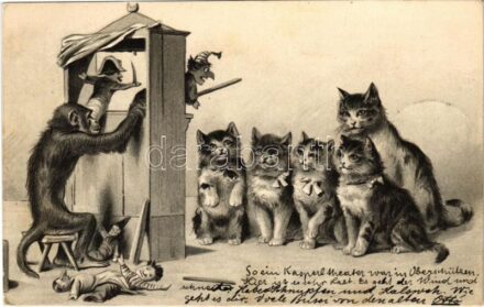 1903 Monkey's puppet show for cats. Emb. litho (apró lyuk / tiny pinhole)