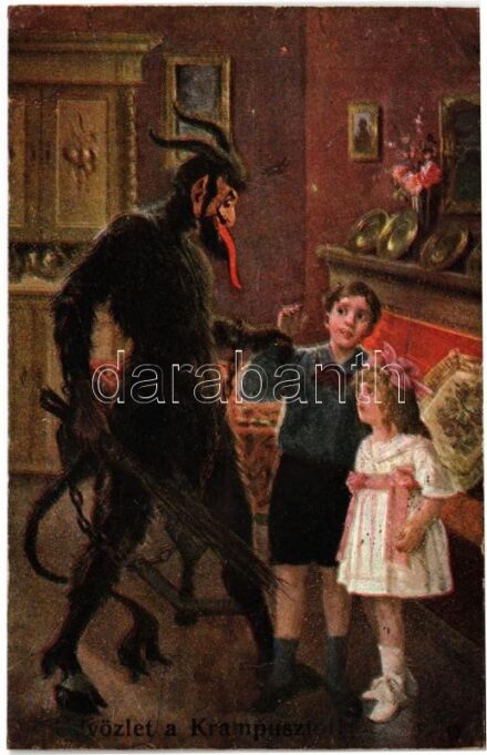 1918 Üdvözlet a Krampusztól / Krampus with birch, chains and children. K. Ph. W. II. 1016. (r)