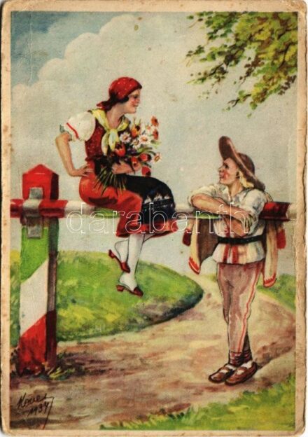 Mit bosszú eszelt ki s fondorlatos elme: a gonosz határon győz a szív szerelme. Kiadja a Magyar Nemzeti Szövetség, Magyar Földrajzi Intézet rt. / Hungarian irredenta propaganda, Trianon s: Köves (EB)