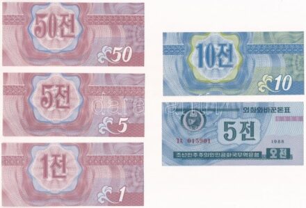 Észak-Korea 1988. 1ch + 5ch + 50ch 'Szocialista látogató' kiadás + 1988. 1ch + 10ch 'Kapitalista látogató' kiadás T:I,I- North Korea 1988. 1 Chon + 5 Chon + 50 Chon 'Socialist Visitor' issue + 1988. 1 Chon + 10 Chon 'Capitalist Visitor