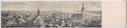 Pozsony, Pressburg, Bratislava; látkép a várról, zsinagóga. Neffe J. kiadása. 3-részes kihajtható panorámalap / view from the castle, synagogue. 3-tiled folding panoramacard