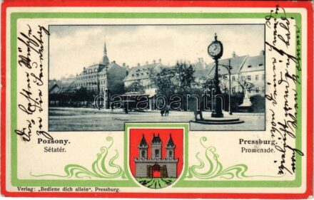 1902 Pozsony, Pressburg, Bratislava; Sétatér, villamos. Verlag 'Bediene dich allein' Szecessziós lap címerrel és magyar színnel / promenade, tram. Art Nouveau, coat of arms, Hungarian national colour frame (EK)