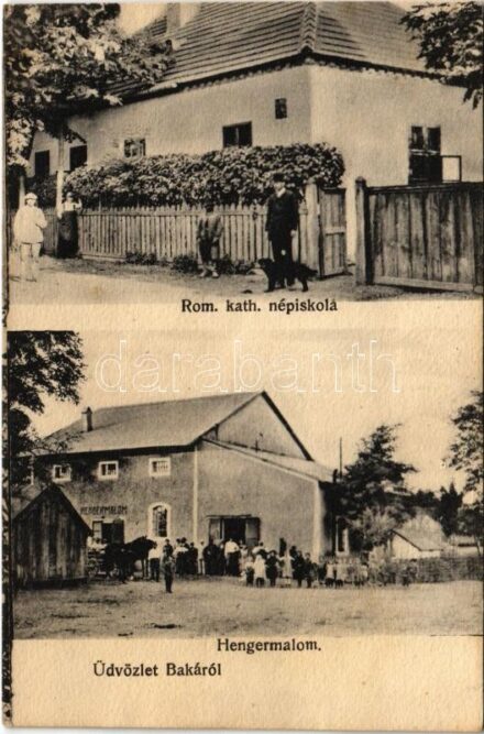 Baka, Római katolikus népiskola, Hengermalom. Brunner Adolf fényképész / Catholic school, rolling mill (lyukak / pinholes)