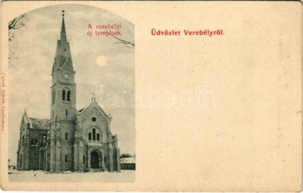 Verebély, Vráble; új templom télen. Czirok István kiadása / new church in winter
