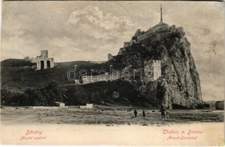 Dévény, Theben a. d. Donau, Devín (Pozsony, Bratislava); Árpád szobor, várrom. Verlag 'Bediene dich allein' / Thebner Ruine mit Árpád-Denkmal / castle ruins, monument (r)