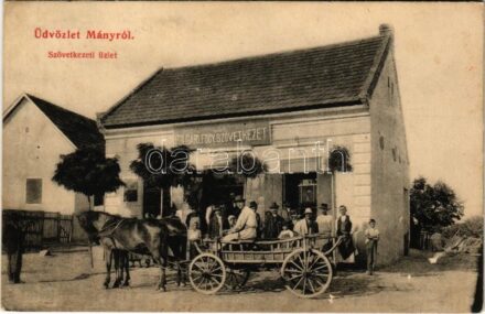 1913 Mány, Polgári fogyasztási szövetkezet üzlete, lovaskocsi + 'WIEN - GYŐR - BUDAPEST 352 A' vasúti mozgóposta bélyegző (EK)