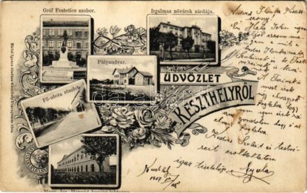 1907 Keszthely, Gróf Festetics szobor, Fő utca, Pályaudvar, vasútállomás, Irgalmas nővérek zárdája, M. kir. honvéd huszárlaktanya. Nádai Ignác kiadása. Art Nouveau, floral (EK)