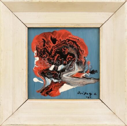 Drégely László (1932-1990): Absztrakt kompozíció (cím nélkül). Zománcfesték, farost, jelzett, fakeretben, 15×15 cm