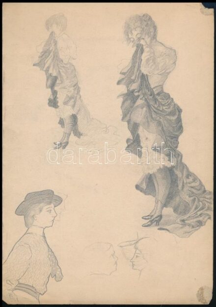 Szerémi Alajos (1863-): Tanulmányok (kétoldalas mű). Ceruza, tus, papír, egyik oldalán pecséttel jelzett, sérült, 28×19,5 cm