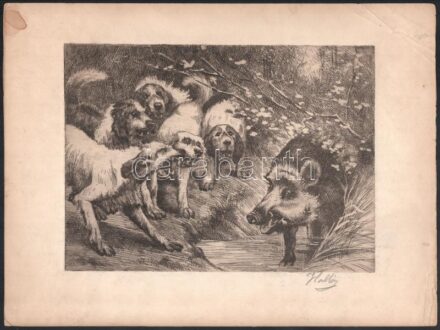 Olvashatatlan (Holló?) jelzéssel: Vaddisznó és vadászkutyák. Rézkarc, papír, lap széle sérült és kissé foltos, 17×23,5 cm