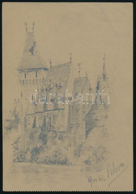 Olvashatatlan jelzéssel: Vajdahunyad vára, 1922. Ceruza, papír,felső sarkaiban törésnyomokkal, 17x12 cm