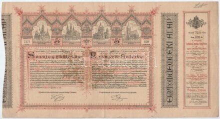 6xklf vegyes részvény és sorsjegy, benne Budapest 1886. 'Egyházi Műemlék Alap' sorsjegykölcsön 5Ft-ról a lipótvárosi bazilika felépítésére és egyházi műemlékek fenntartására + Budapest 1946. 'A Magyar Állam 1938. évi 4