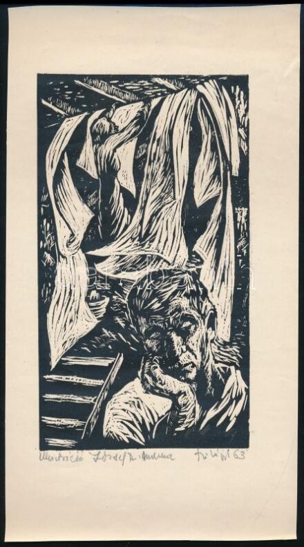 Szilágyi Elek (1933-): Illusztráció József Attila Mama c. verséhez. Fametszet, papír. Jelzett. 20x11,5 cm