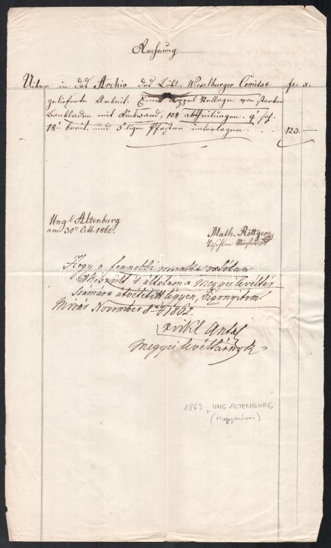 1862 Mosonmagyaróvár (Ung Altenburg), irat elvégzett asztalosmunkáról, 3 db okmánybélyeggel