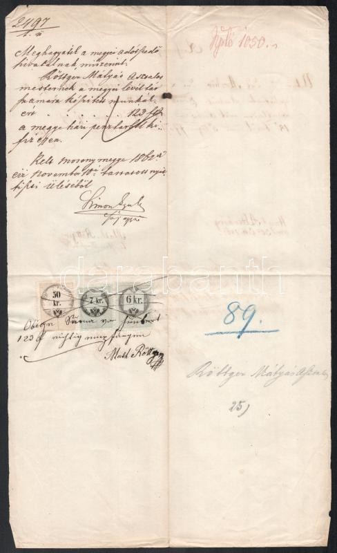1862 Mosonmagyaróvár (Ung Altenburg), irat elvégzett asztalosmunkáról, 3 db okmánybélyeggel - Image 3