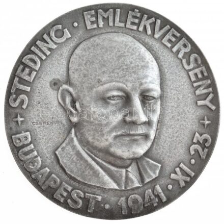 Cserenyei Kaltenbach István (1903-1979) 1941. 'Steding Emlékverseny - Budapest 1941. XI.23.' egyoldalas fém emlékplakett eredeti díszdobozában (150mm) T:1- patina, a tok kissé viseltes