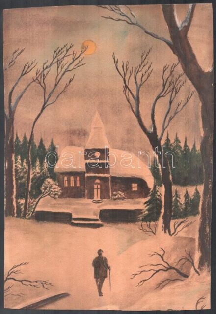 Jelzés nélkül: Téli séta. Akvarell, karton, 38×26 cm.