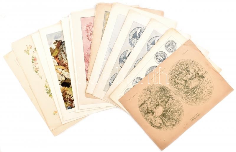 cca 1900-1910 Dekorative Vorbilder, 15 db figurális, illusztrációval díszített nyomat. Lapok széle részben kisebb szakadásokkal vagy kisebb foltokkal. Lapméret: 36x25 cm