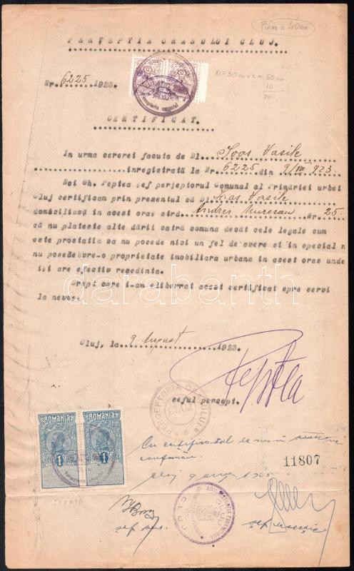 1923 Kolozsvár, okmány felülnyomott helyi illetékbélyeggel