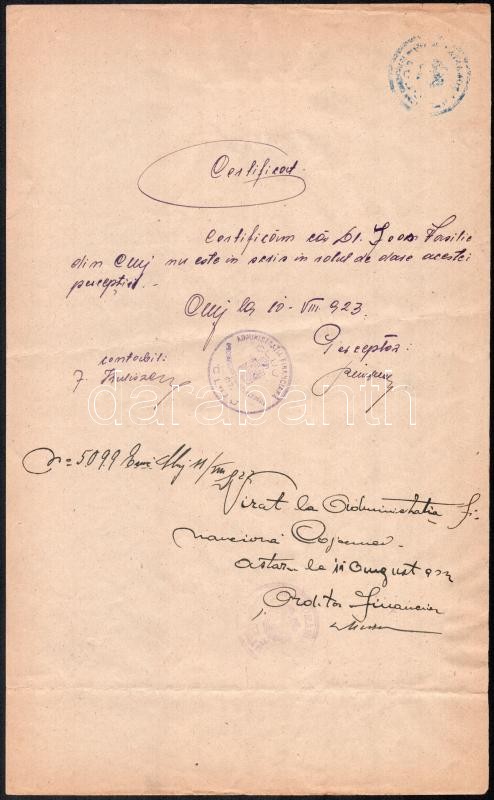 1923 Kolozsvár, okmány felülnyomott helyi illetékbélyeggel - Image 3
