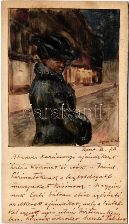 1902 Kézzel rajzolt és festett egyedi magyar művészlap / Hungarian hand-drawn and hand-painted custom-made lady art postcard s: Suján P. (vágott / cut)