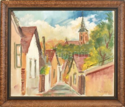 Olvashatatlan jelzéssel: Szentendrei utca. Olaj, vászon. Dekoratív, kissé sérült fakeretben. 50×60 cm.
