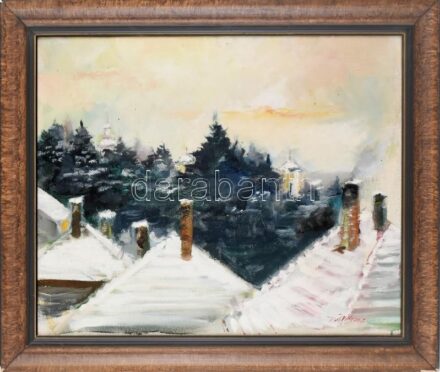 Olvashatatlan (Pávi...) jelzéssel: Szentendrei tél. Olaj, vászon. Dekoratív, kissé sérült fakeretben. 50×60 cm.