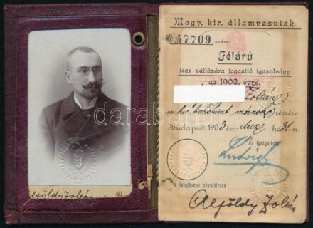 1903 Bp., Magyar kir. államvasutak félárú jegy váltására jogosító igazolványa, fényképpel