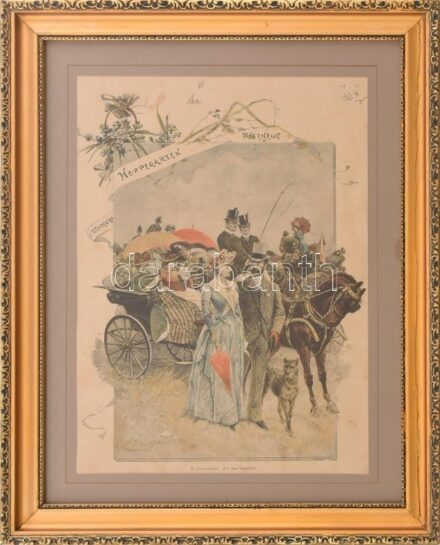 Dekoratív üvegezett fakeret, benne E. Jankowski: Auf dem Rennplatz nyomattal, 35x27cm