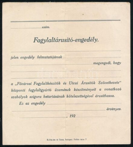 cca 1920 Fagylaltárusító engedély, Kitöltetlen nyomtatvány