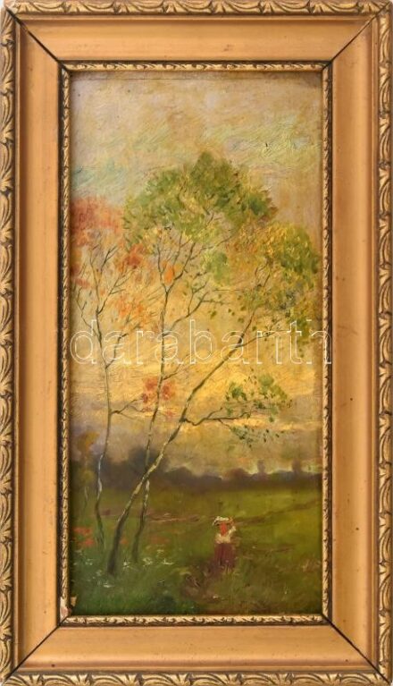 Jelzés nélkül: Hazafelé. Olaj, fa. Bal alsó sarkában kissé sérült. Dekoratív, kissé sérült fakeretben. 29×14,5 cm.