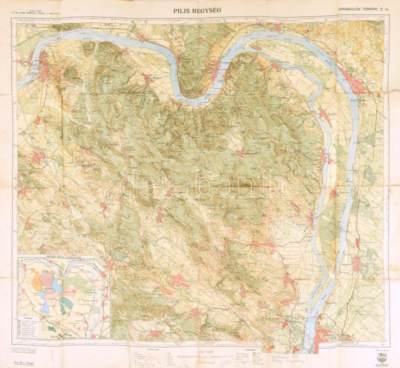 cca 1930 Pilis-hegység térképe, 1:50 000, Kirándulók Térképe 2. sz., M. Kir. Állami Térképészet, vászontérkép, 68×75 cm