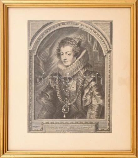 Dekoratív üvegezett fakeret, benne Bourbon Izabella spanyol királyné nyomatával, 30x26cm