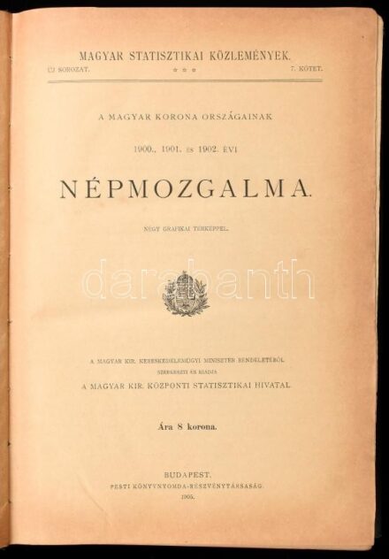 A magyar korona országainak 1900., 1901. és 1902. évi népmozgalma. Négy grafikai térképpel. Szerk. és kiad. a Magyar Kir. Központi Statisztikai Hivatal. Magyar Statisztikai Közlemények. Új sorozat. 7. kötet. Bp., 1905, Pesti