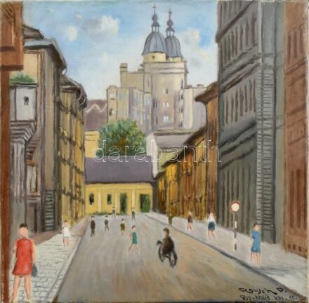 Rausch P jelzéssel: Budapesti részlet, 1963. Olaj, vászon. Dekoratív, kissé sérült fakeretben, 30x30 cm / oil on canvas