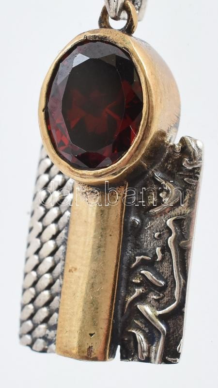 Ezüst(Ag) kígyó nyaklánc gránát köves medállal, jelzett, h: 44 cm, bruttó: 11,6 g - Image 2