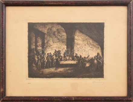 Rudnay Gyula (1878-1957): Főúri lakoma. Rézkarc, papír, jelzett, üvegezett fakeretben, 14×19 cm