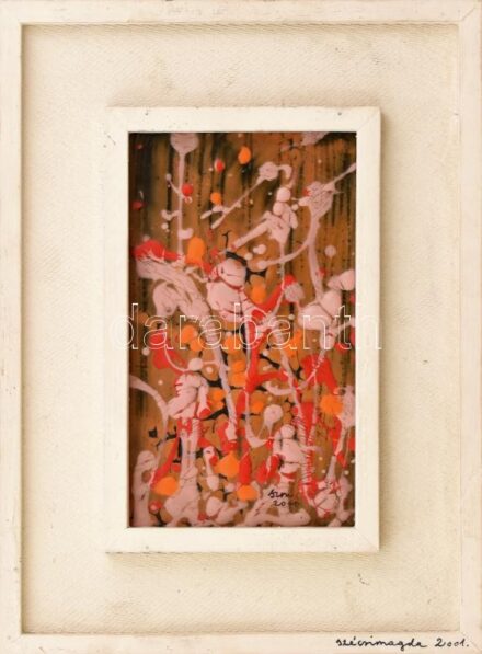 Szécsi Magda (1958-) Gesztusok (cím nélkül), 2001. Tűzzománc, jelzett, fakeretben, 19x11 cm