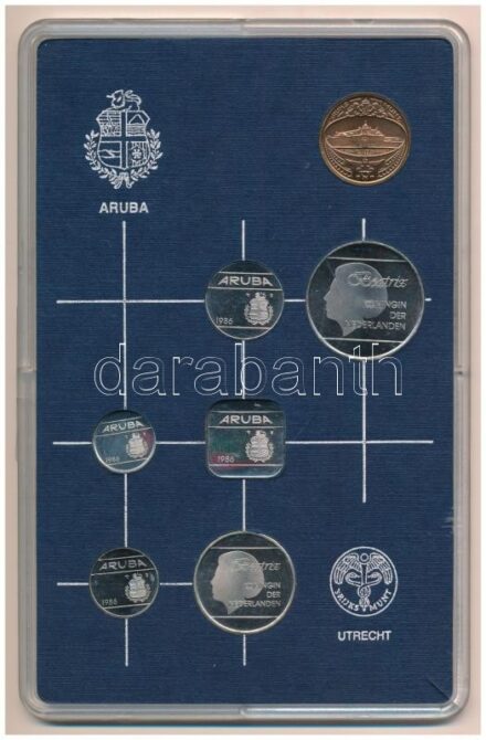 Aruba 1986. 5c - 2 1/2Fl (6xklf) forgalmi sor + 'Utrechti Verde' zseton plasztiktokban T:1 a tokon kisebb sérülés Aruba 1986. 5 Cents - 2 1/2 Florin (6xdiff) coin set + 'Utrecht Mint' token in plastic case C:UNC minor damage on the case