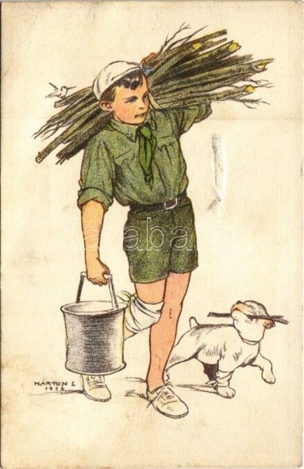 A cserkész híven teljesíti kötelességeit... Kiadja a Magyar Cserkészszövetség Nagytábortanácsa 1926. / Hungarian boy scout art postcard s: Márton L. + So. Spl. (Rb)