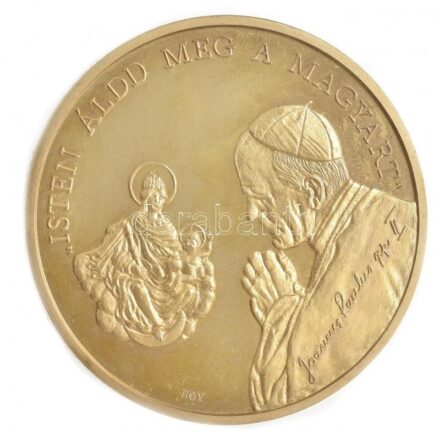 Bognár György (1944-) 1991. 'II, János Pál pápa látogatása - Esztergom' aranyozott bronz emlékérem műanyag tokban (65mm) T:1 (eredetileg PP)