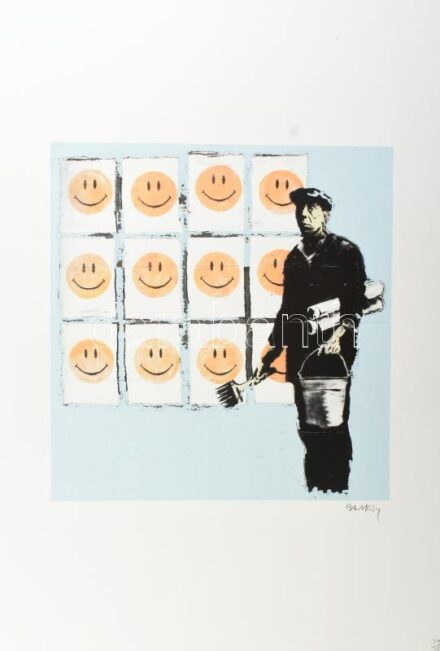 Banksy: Smileys . Ofszet, papír, jelzett a nyomaton, 'POW Printmaking' szárazpecséttel Grafiart - Aviomar UK. tanúsítvánnyal Számozott: 39/150. Képméret: 55x37 cm. Lap méret 50x70 cm, / Numbered, marked 55x37 cm