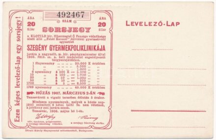 Temesvár 1906. 'Fehér Kereszt délvidéki gyermekvédő egyesület Szegény gyermekpoliklinikája' sorsjegy képeslapon, 20f értékben T:I-