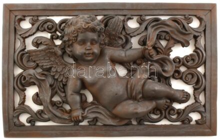Jelzés nélkül: Puttós fali relief, antikolt műgyanta, hibátlan, 19x30cm